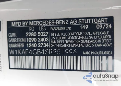 2025 Mercedes-Benz C 300 from USA, damaged, VIN W1KAF4GB4SR251996
